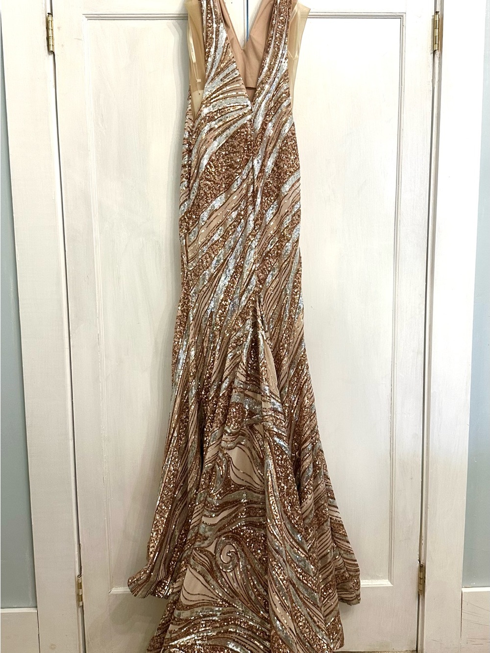 Gorgeous! Jovani Nude Rose Gold and Silver Sequin Prom or Pageant Dress - Picture 2 of 8
